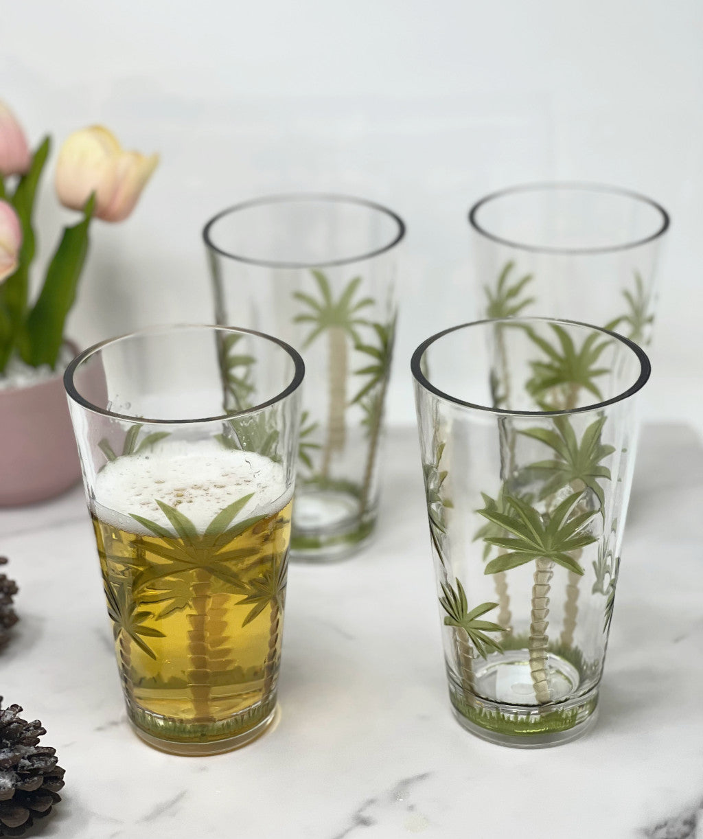 Set of Four Clear and Green Palm Tree Acrylic Highball Glasses