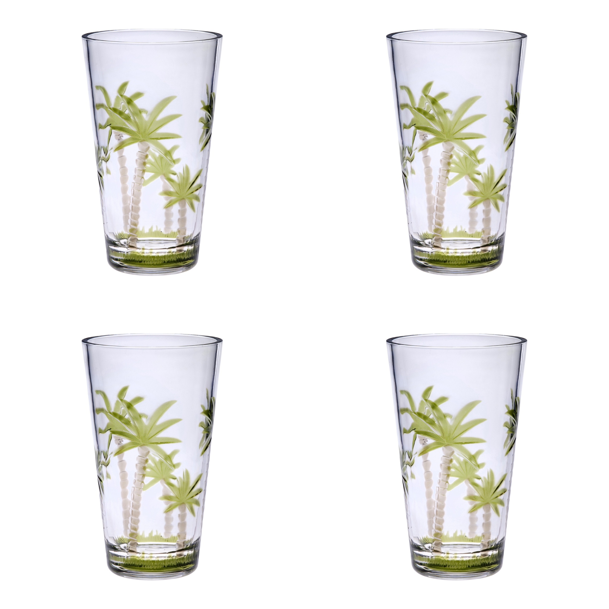 Set of Four Clear and Green Palm Tree Acrylic Highball Glasses