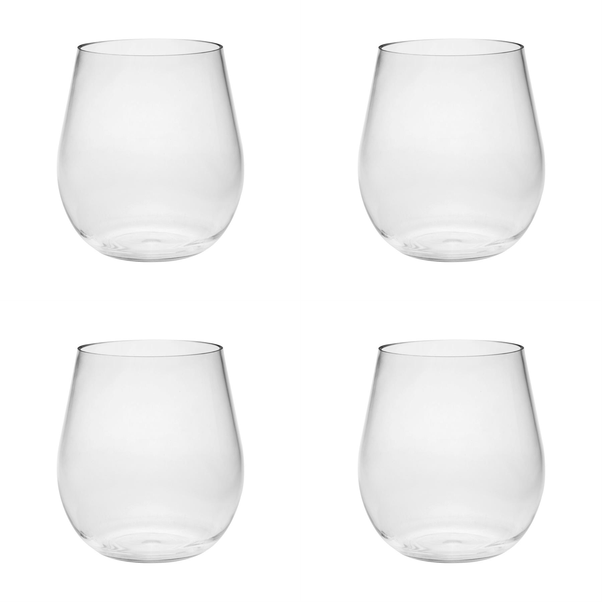 Set of Four Clear Tritan Plastic Balloon or Round Bowl Stemless All Purpose Wine Glass