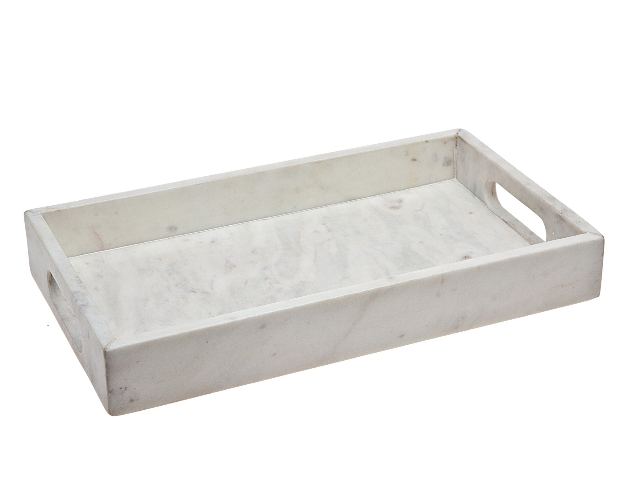 14" White Rectangular Marble Serving Tray With Handles