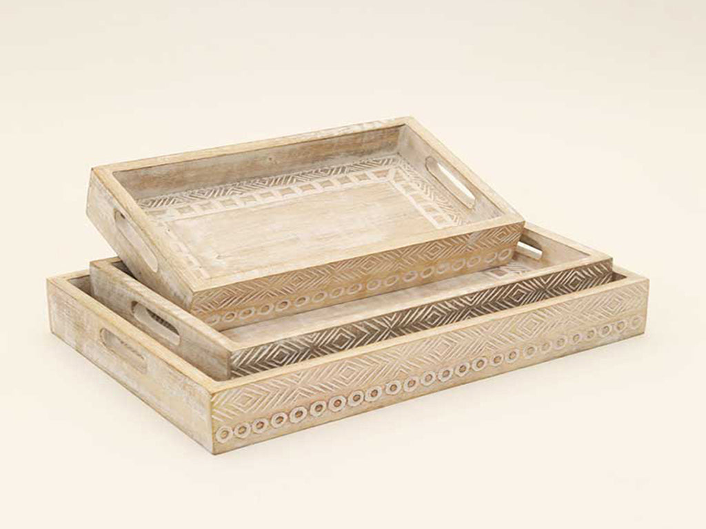 Set Of Three 12" White Rectangular Solid Wood Abstract Handmade Serving Tray With Handles