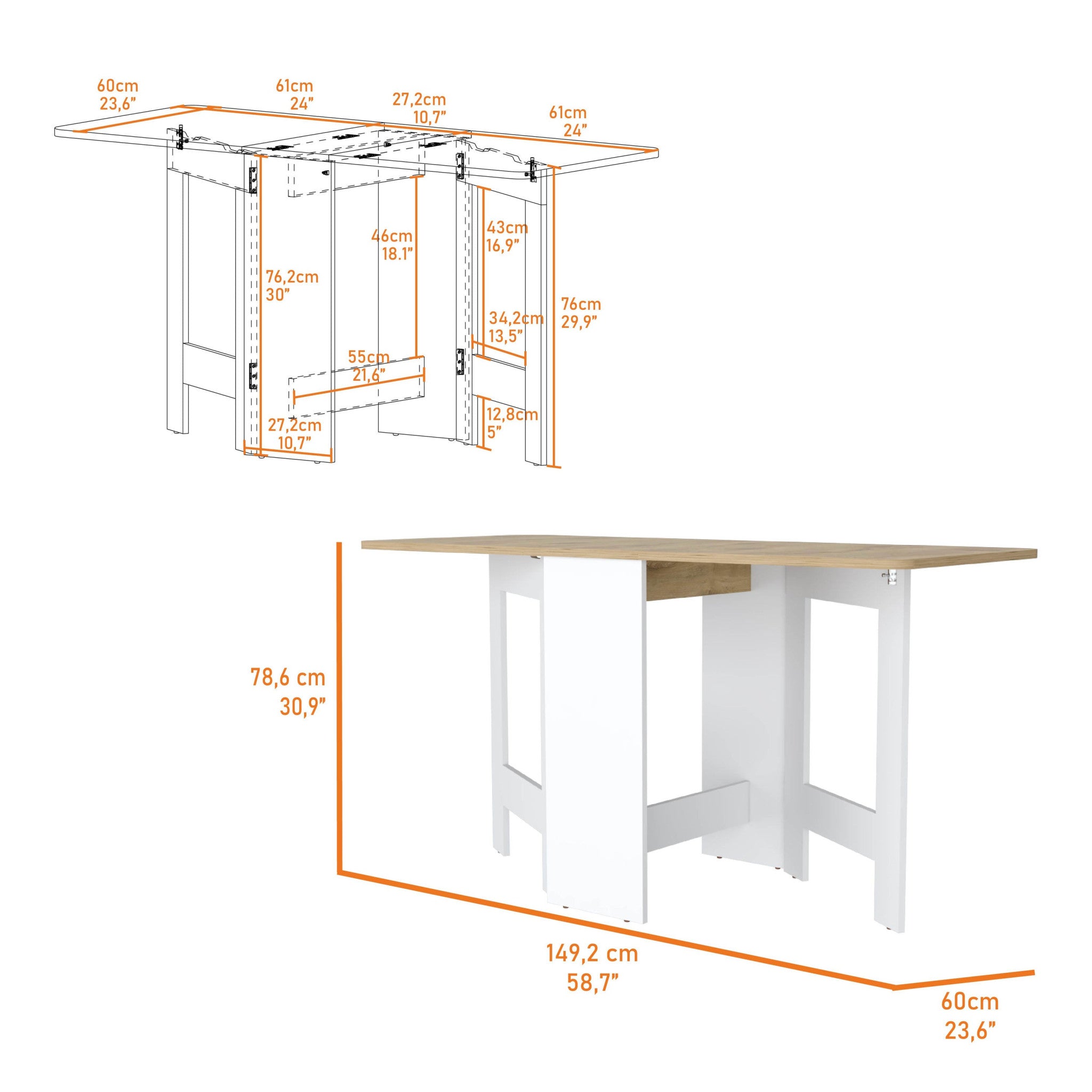 24" Brown And White Folding Sled Base Dining Table