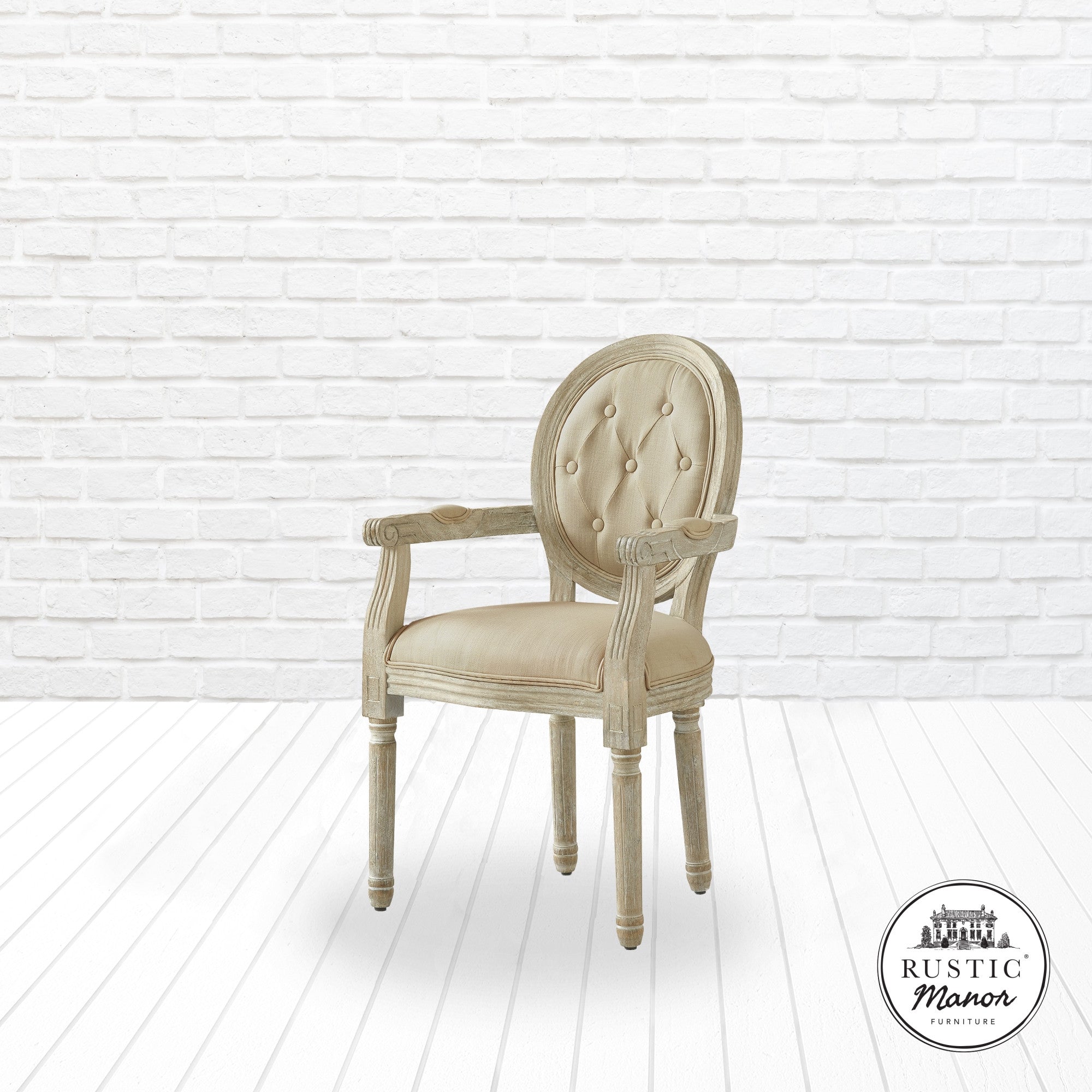 Tufted Beige and Brown Upholstered Linen Dining Arm Chair