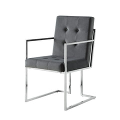 Set of Two Tufted Gray and Silver Metallic Upholstered Velvet Dining Arm Chairs