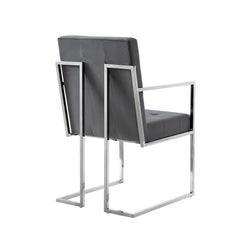 Set of Two Tufted Gray and Silver Metallic Upholstered Velvet Dining Arm Chairs