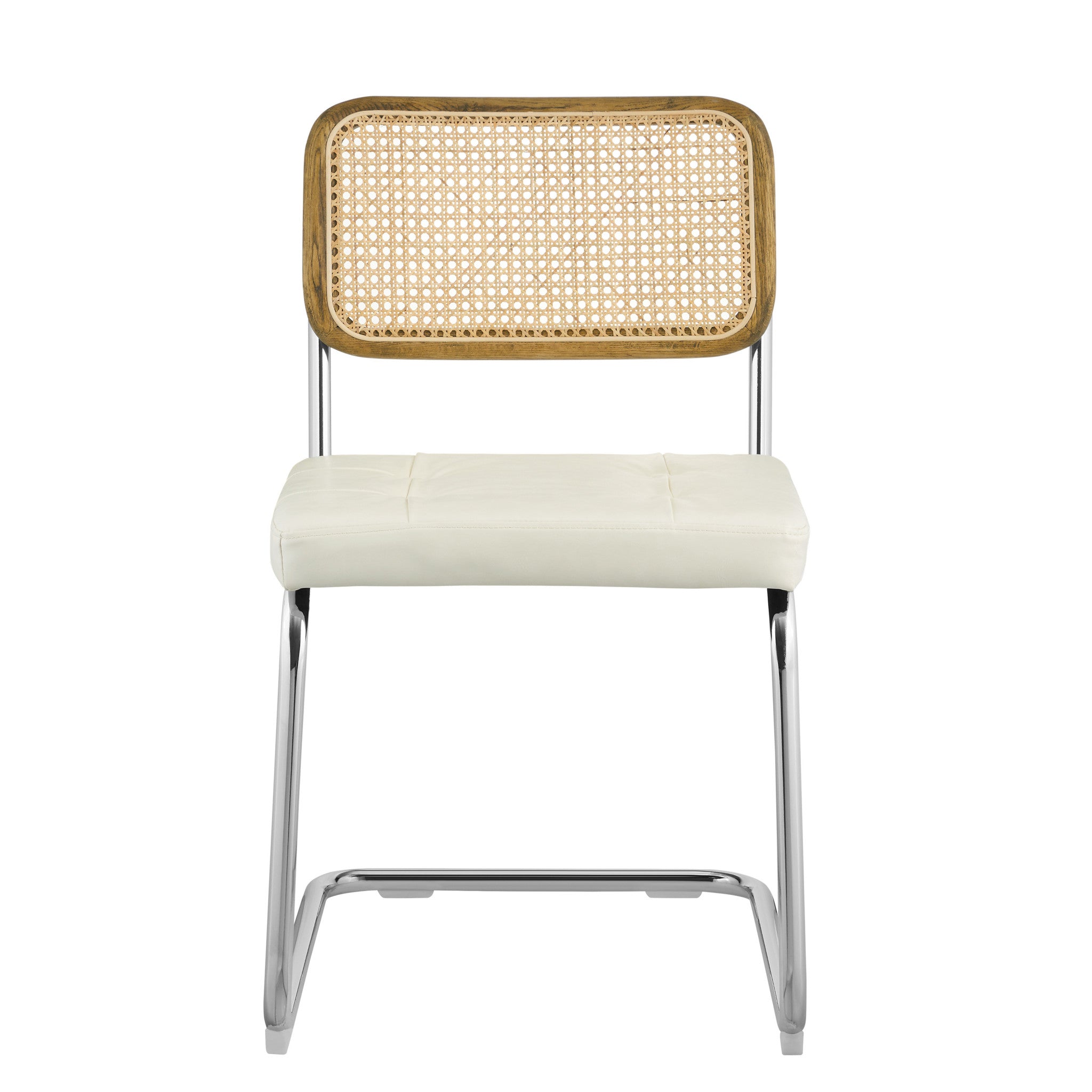 Set of Two Tufted Off White And Silver Upholstered Faux Leather Dining Side Chairs