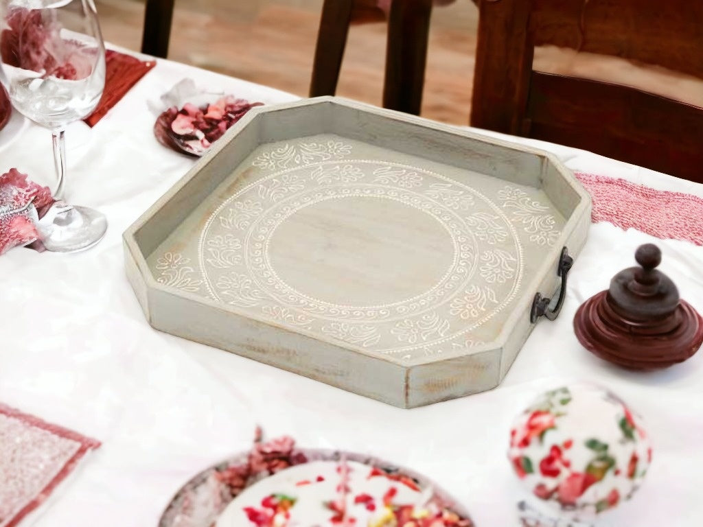 Set Of Two Gray and White Octagon Solid Wood Paisley Handmade Serving Tray With Handles