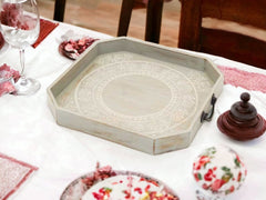 Set Of Two Gray and White Octagon Solid Wood Paisley Handmade Serving Tray With Handles