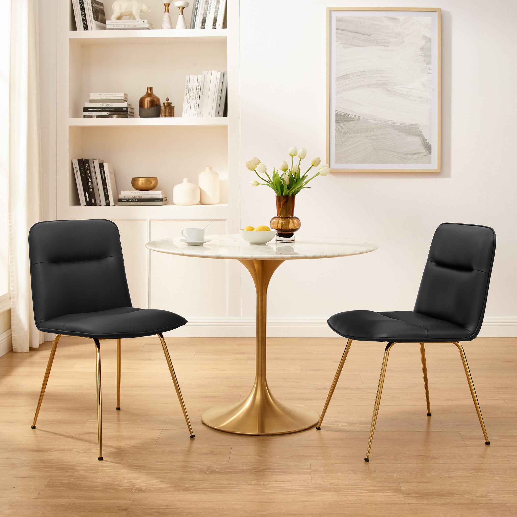Set of Two Tufted Black And Gold Upholstered Faux Leather Dining Side Chairs