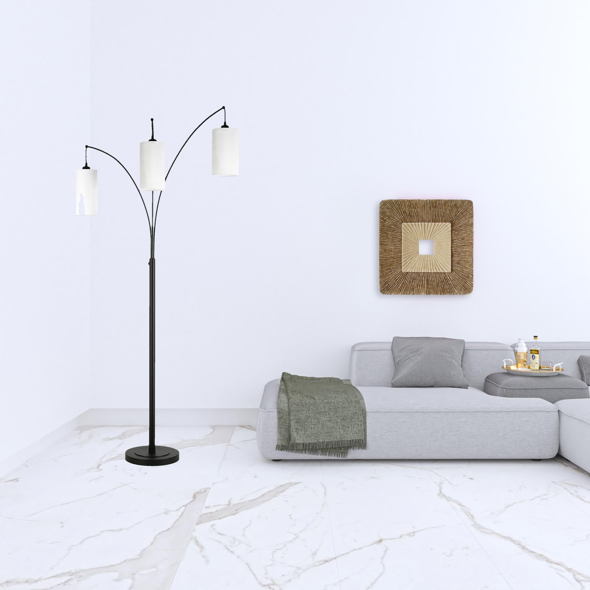 83" Black Three Light Torchiere Floor Lamp With White Frosted Glass Drum Shade