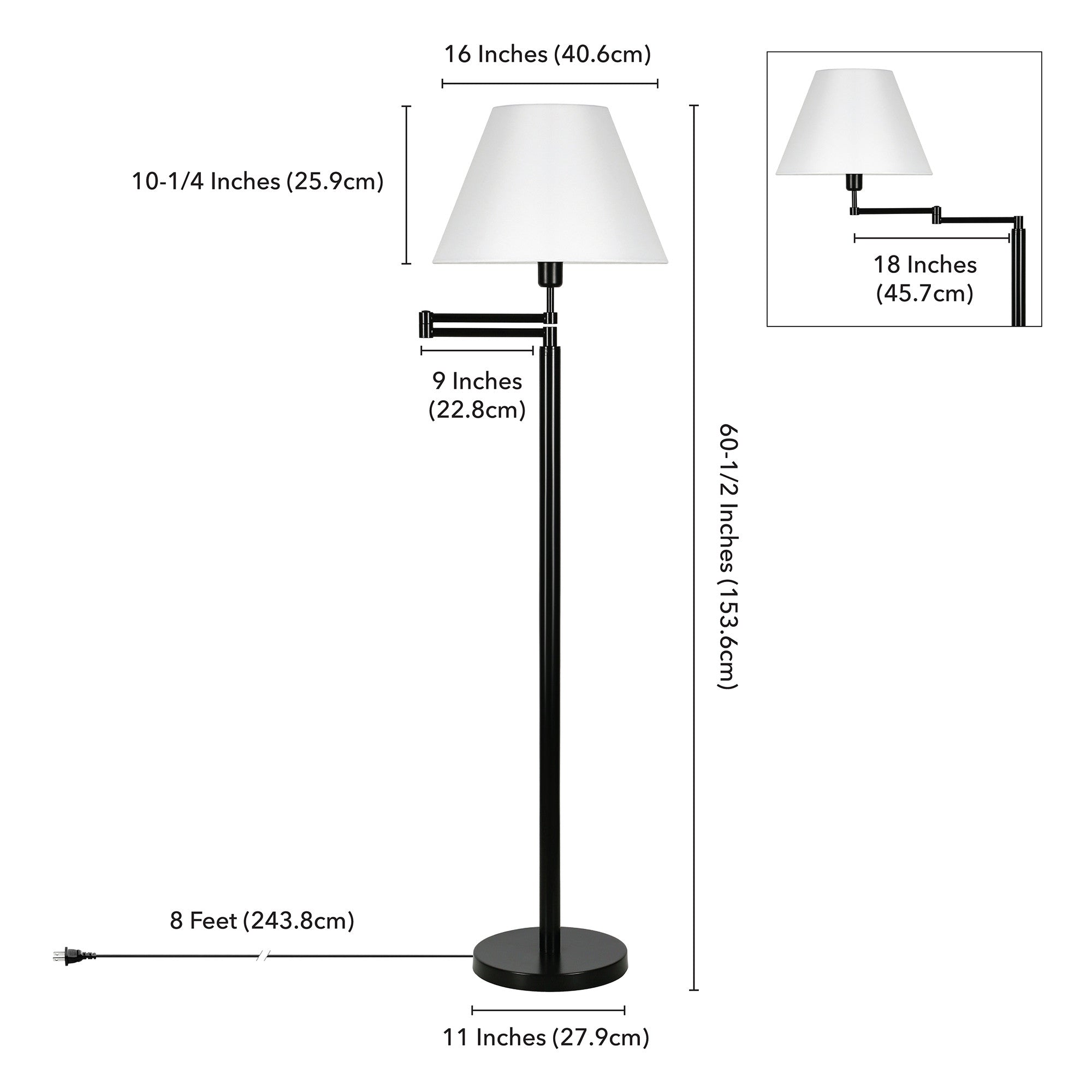 62" Black Swing Arm Floor Lamp With White Frosted Glass Empire Shade