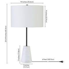 26" Black and White Marble Table Lamp With White Drum Shade