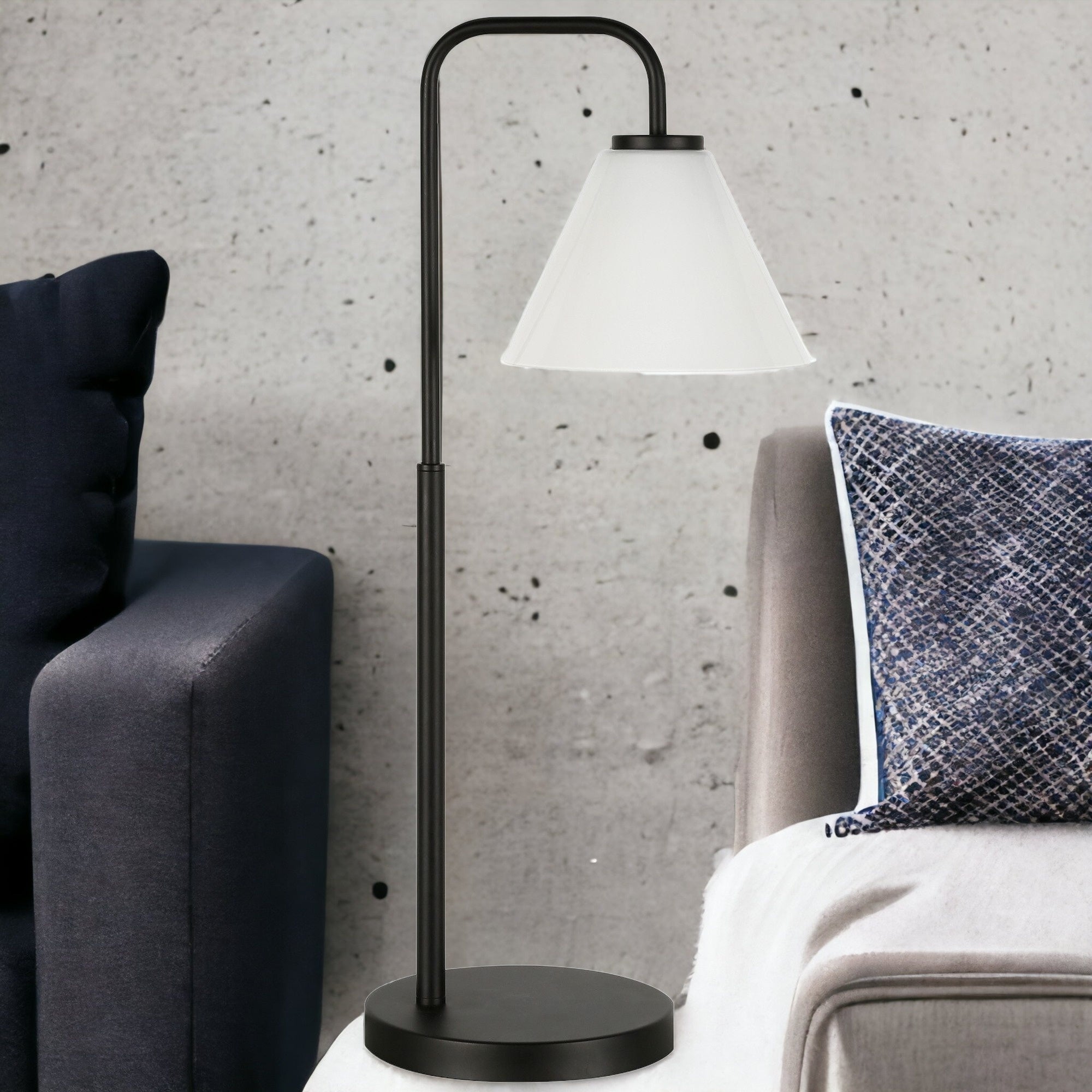 27" Black Metal Arched Table Lamp With White Cone Shade