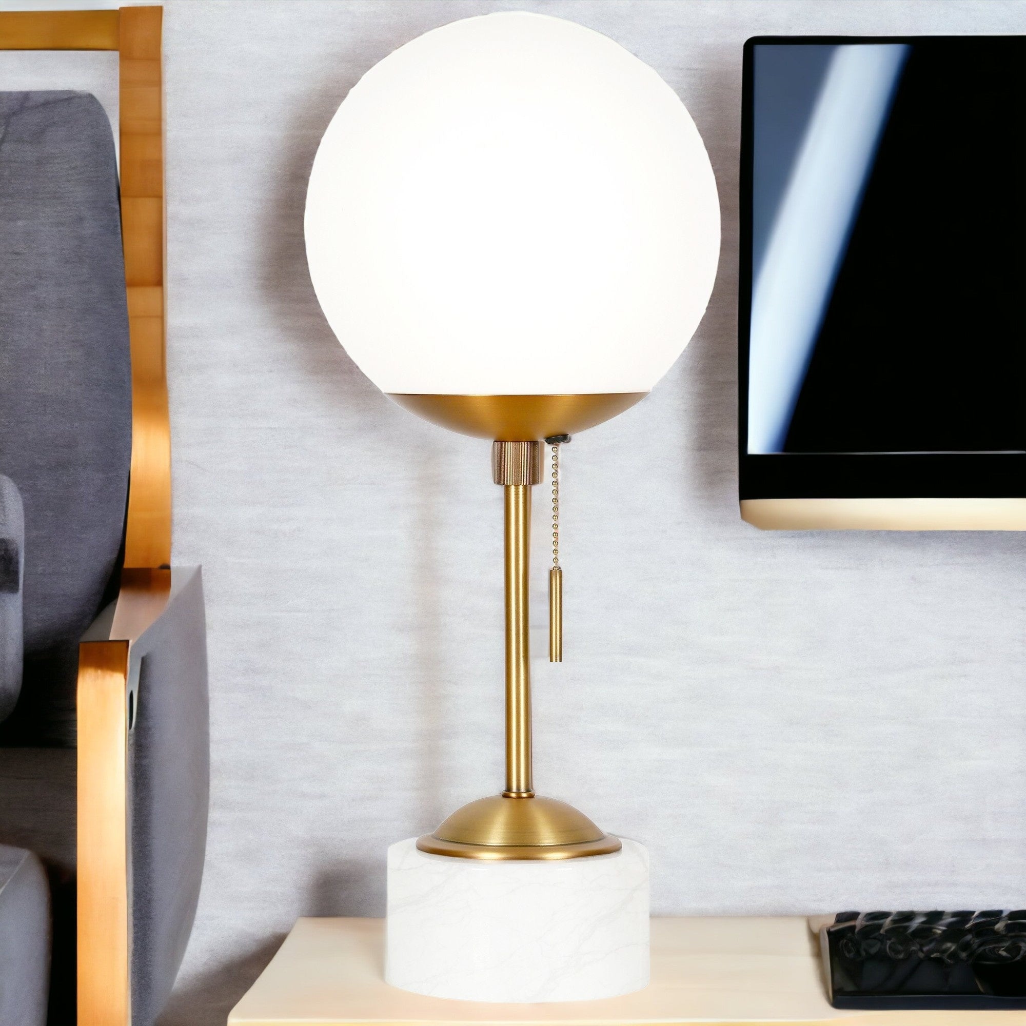 18" Gold and White Marble Globe Table Lamp With White Globe Shade