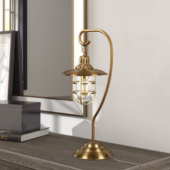 22" Antiqued Brass Metal Arched Table Lamp With Brass Cage Shade