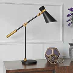 30" Black and Gold Metal Desk Table Lamp With Black Cone Shade