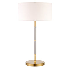 25" Gray and Gold Metal Two Light Table Lamp With White Drum Shade