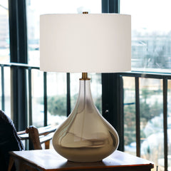 25" Bronze Glass Table Lamp With White Drum Shade