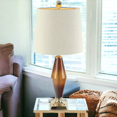 33" Amber Glass LED Table Lamp With Beige Cone Shade