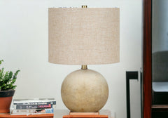 20" Beige Concrete Round Table Lamp With Beige Drum Shade