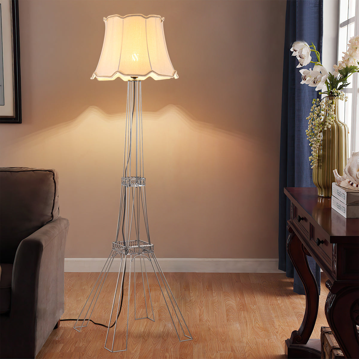 56" Brass LED Light Changing Floor Lamp With Beige Bell Shade