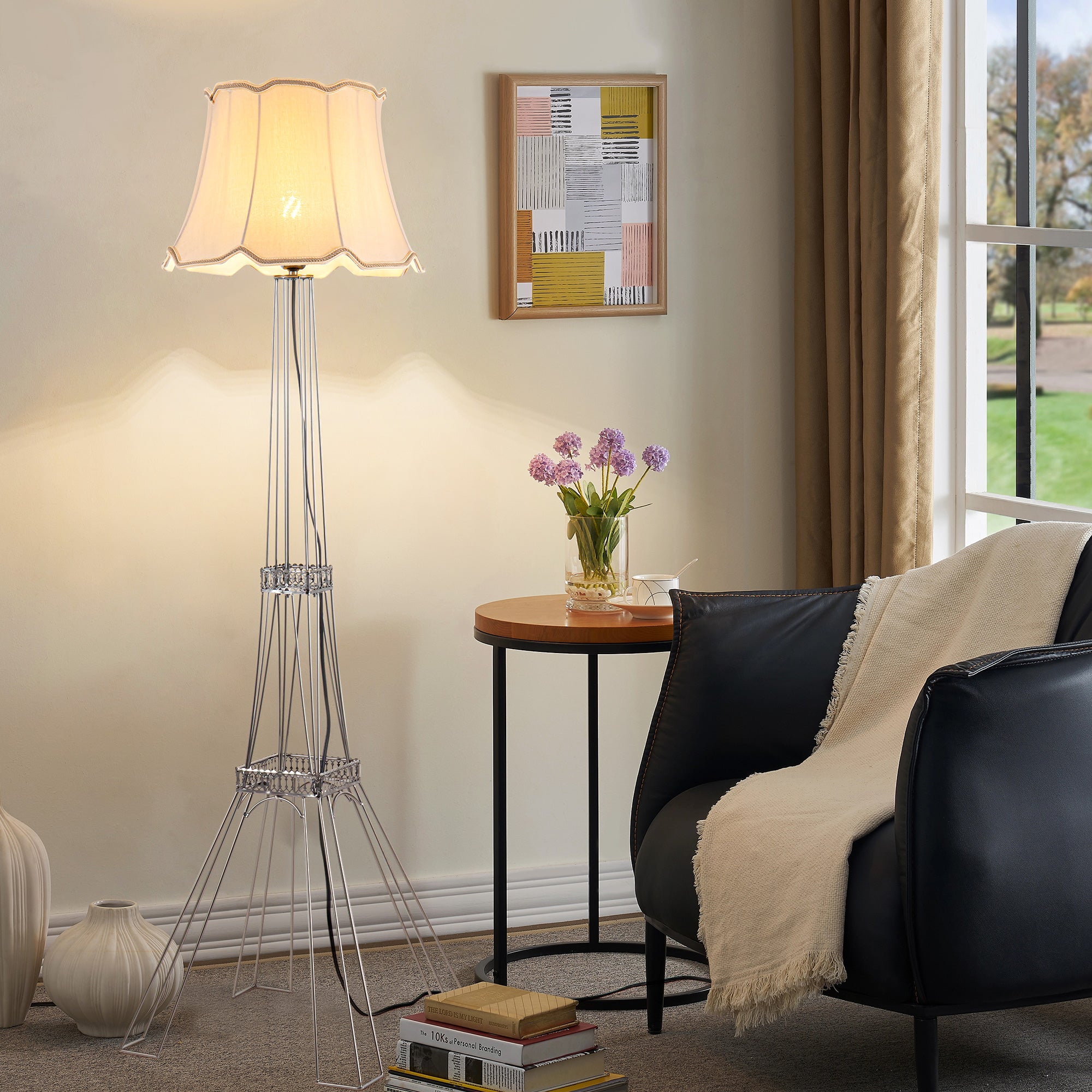 56" Brass LED Light Changing Floor Lamp With Beige Bell Shade