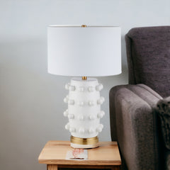 26" Gold and White Ceramic Cylinder Table Lamp With White Drum Shade