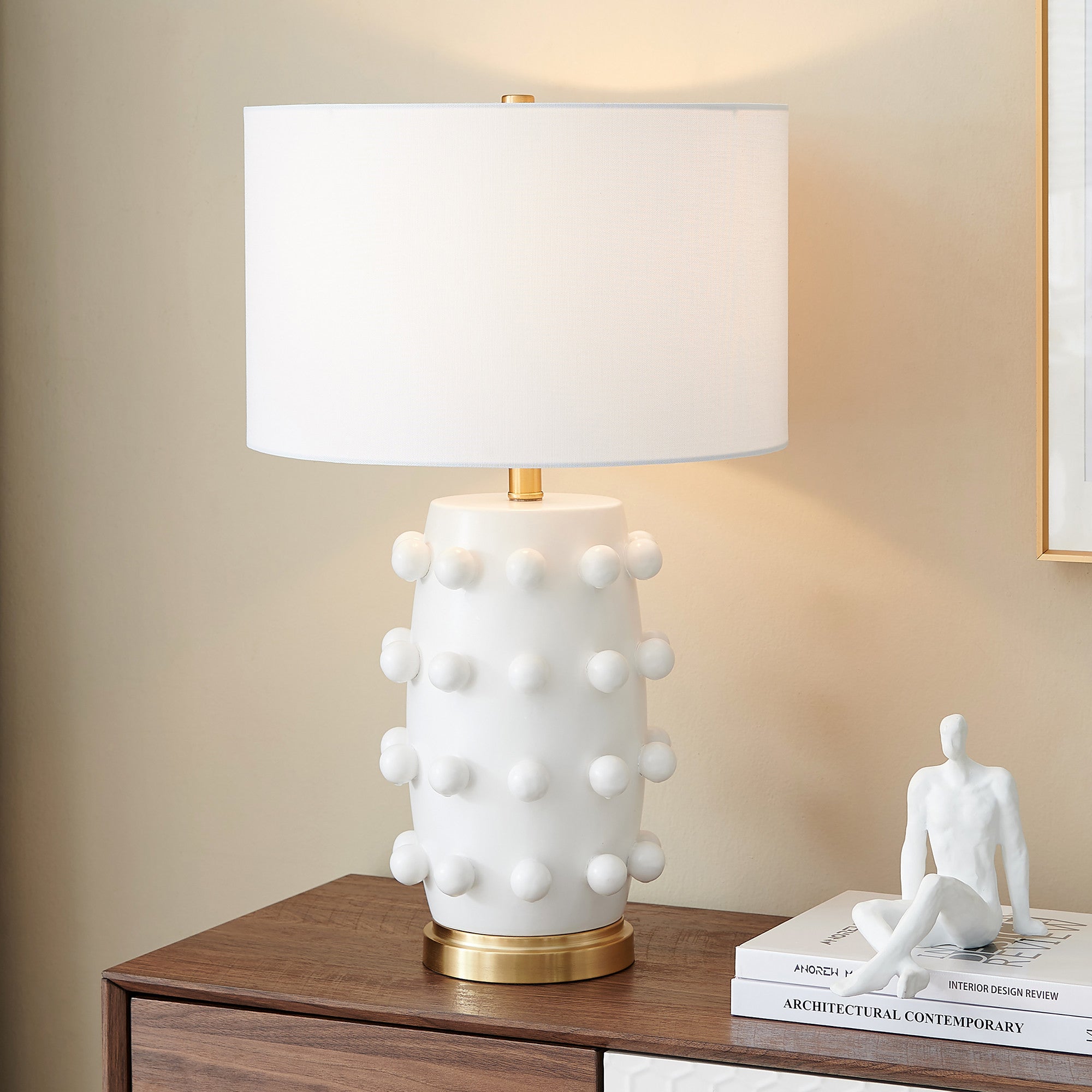 26" Gold and White Ceramic Cylinder Table Lamp With White Drum Shade