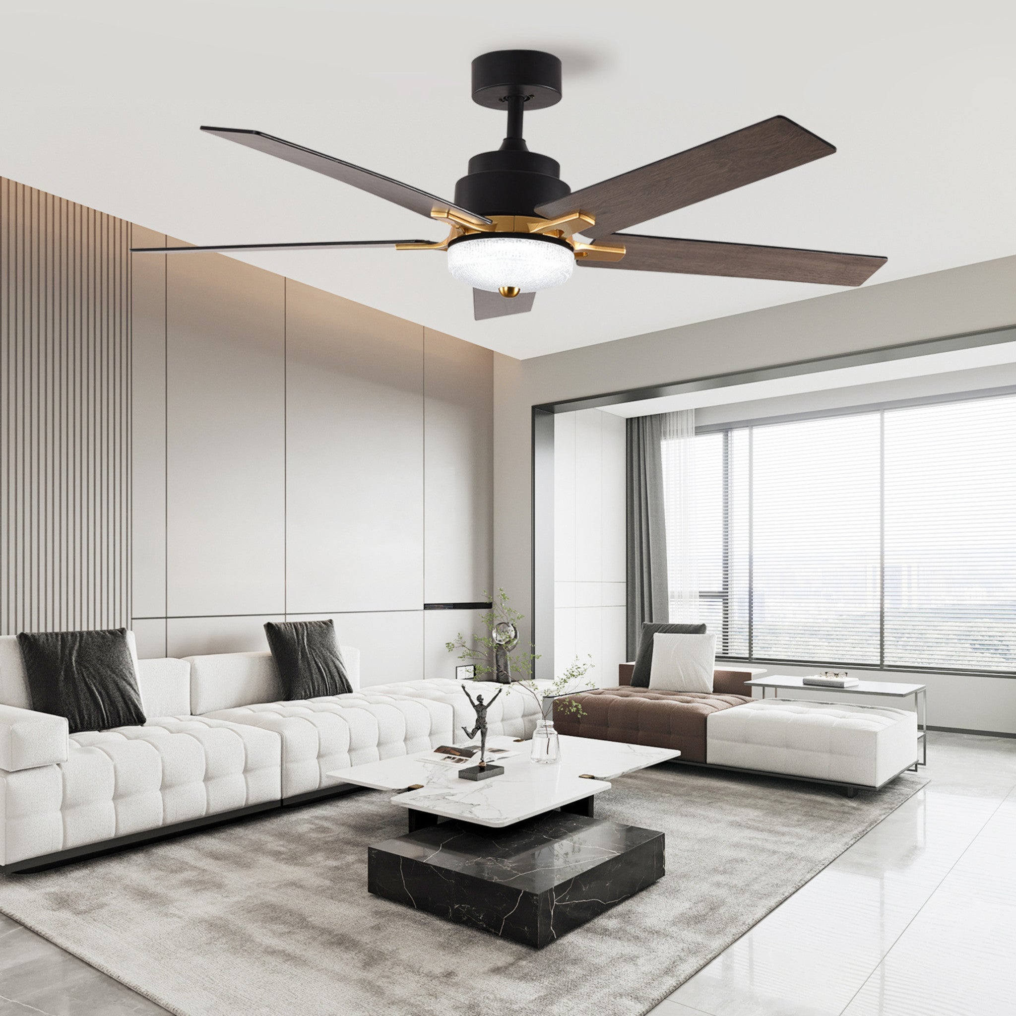 52" Black and Gold And Dark Brown Propeller Five Blade Dimmable Remote Control Integrated Light Ceiling Fan