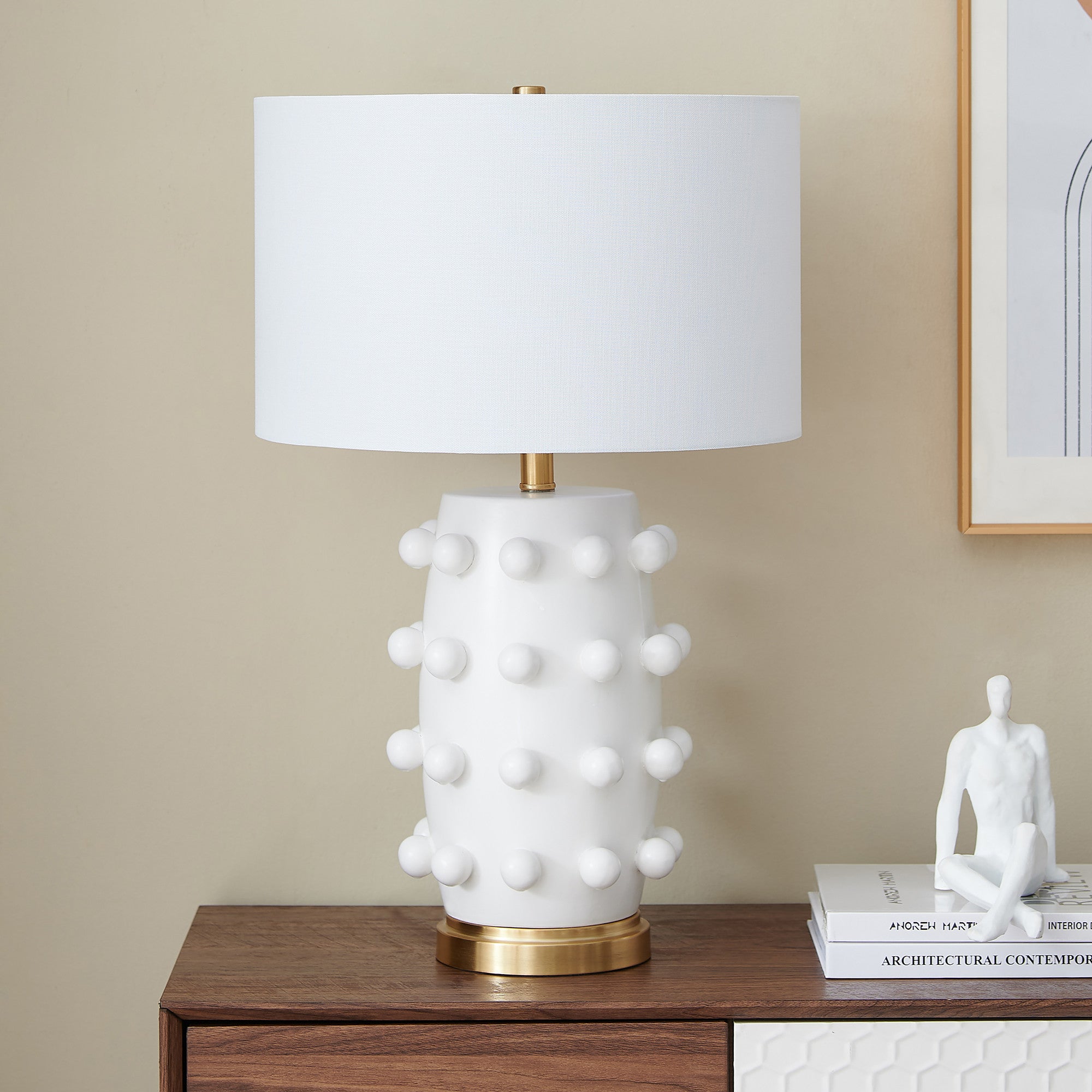 26" Gold and White Ceramic Cylinder Table Lamp With White Drum Shade