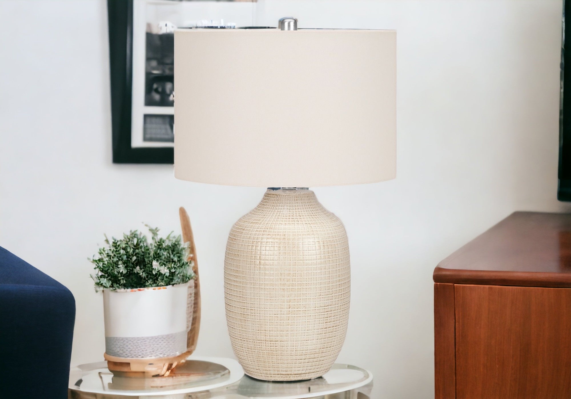 26" Cream Ceramic Urn Table Lamp With Cream Drum Shade