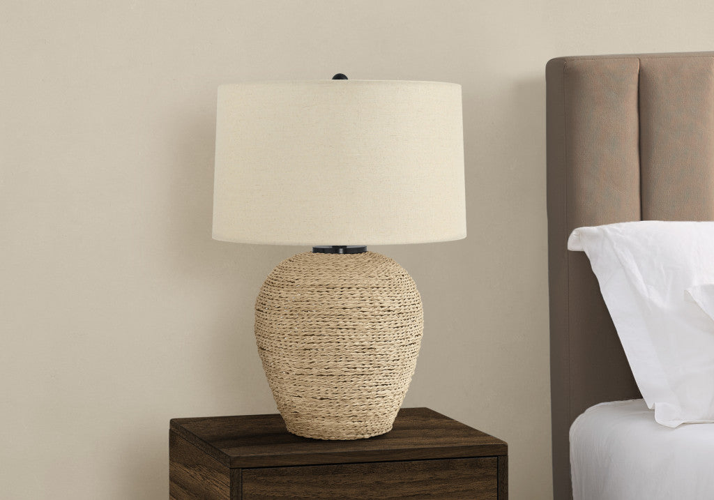 25" Beige Rattan Round Table Lamp With Beige Drum Shade