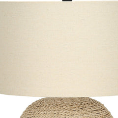 25" Beige Rattan Round Table Lamp With Beige Drum Shade