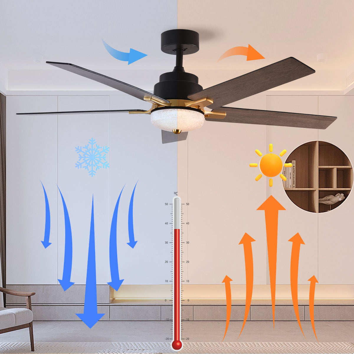 52" Black and Gold And Dark Brown Propeller Five Blade Dimmable Remote Control Integrated Light Ceiling Fan