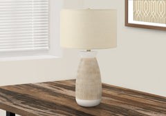 27" Brown and White Ceramic Round Table Lamp With Beige Drum Shade