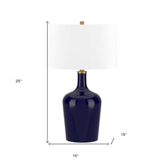 25" Blue Glass Urn Table Lamp With White Drum Shade
