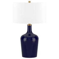 25" Blue Glass Urn Table Lamp With White Drum Shade