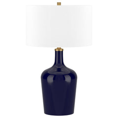 25" Blue Glass Urn Table Lamp With White Drum Shade