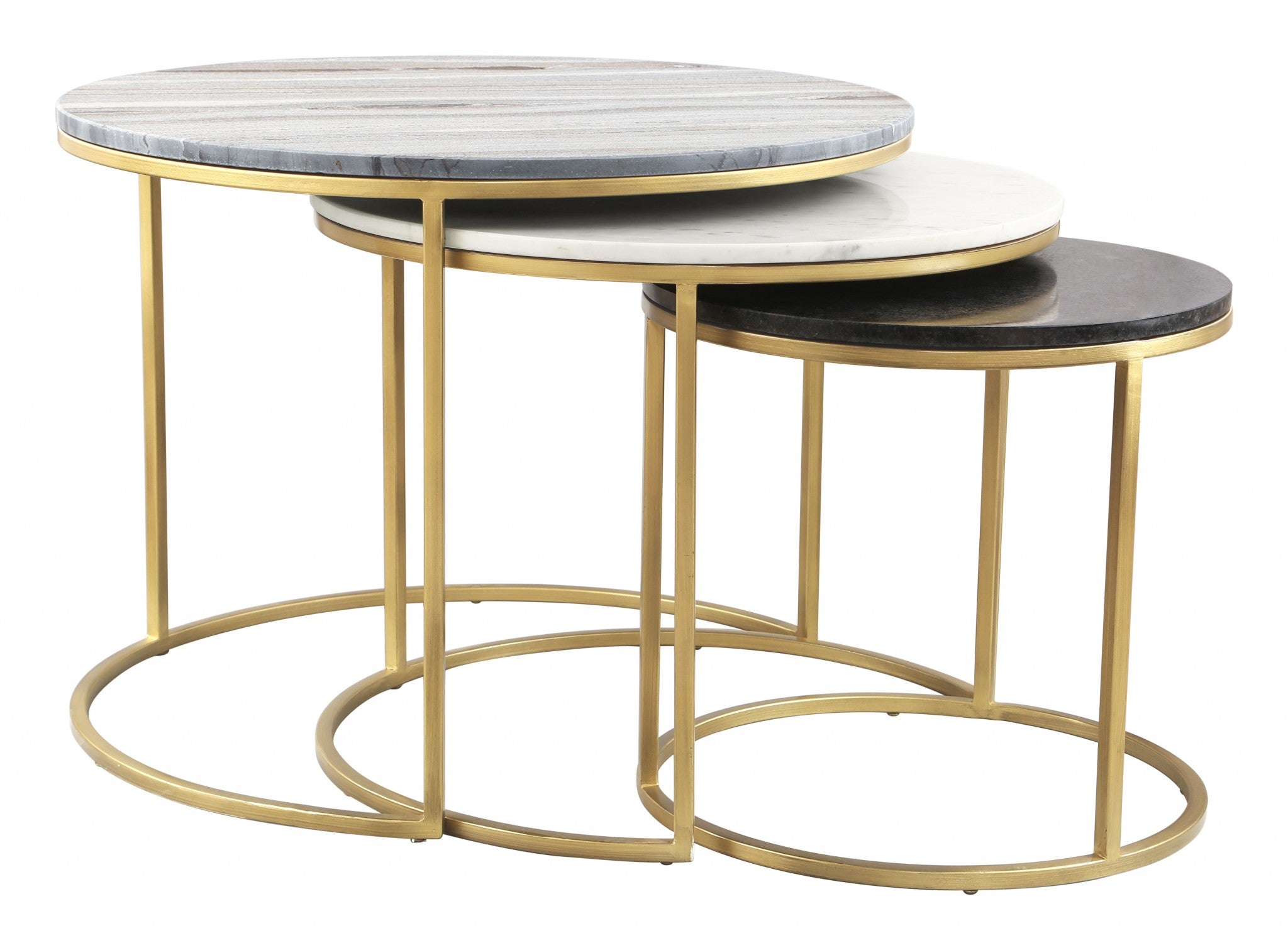 Set of Three 28" Light Gray And Gold Genuine Marble And Steel Round Nested Coffee Tables