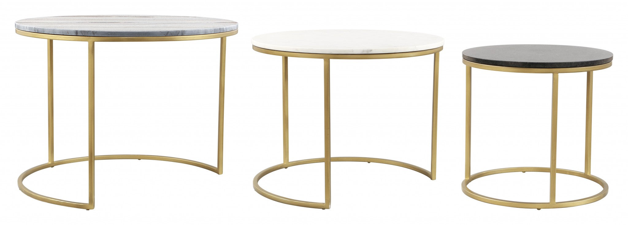 Set of Three 28" Light Gray And Gold Genuine Marble And Steel Round Nested Coffee Tables