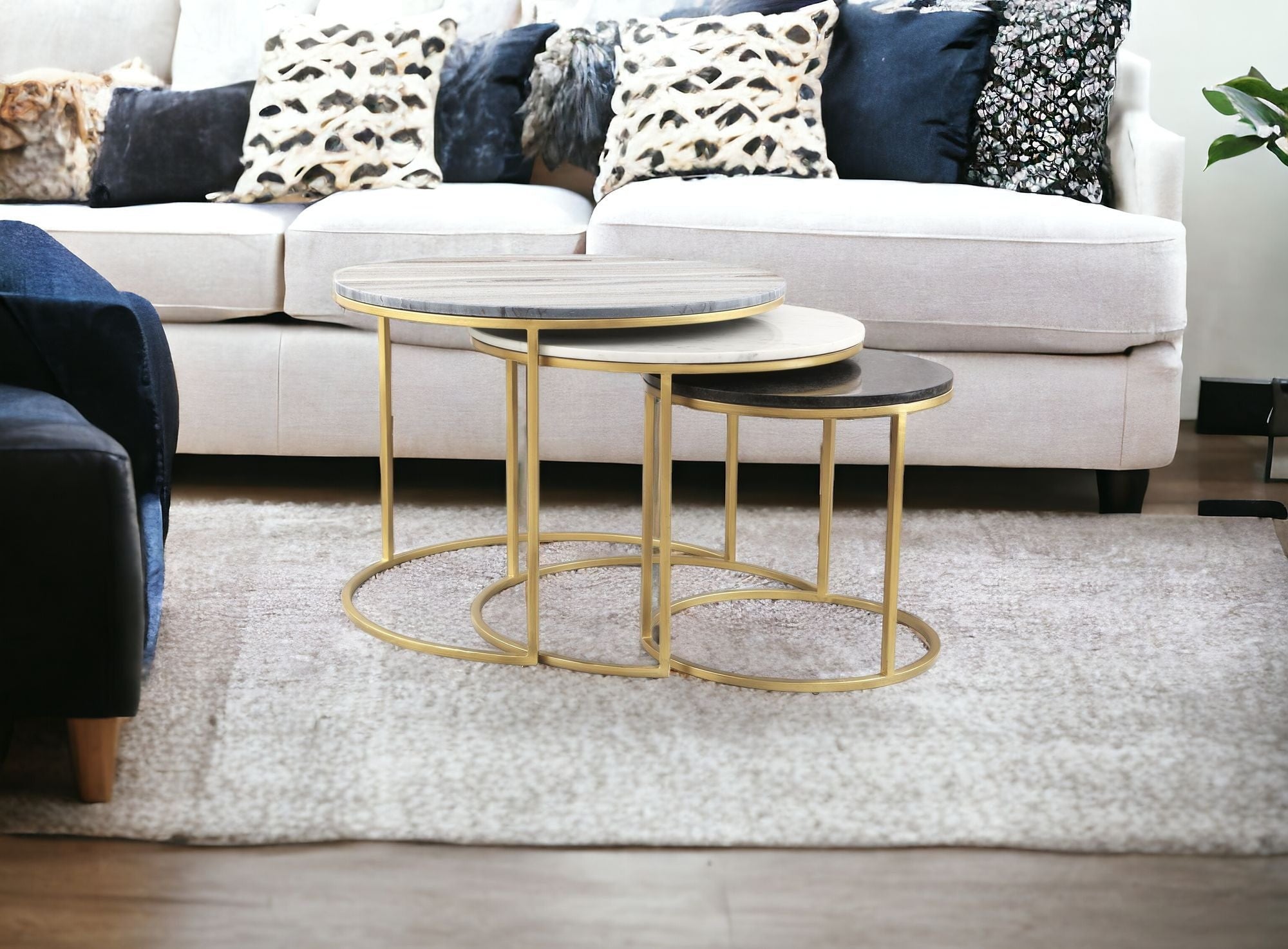 Set of Three 28" Light Gray And Gold Genuine Marble And Steel Round Nested Coffee Tables