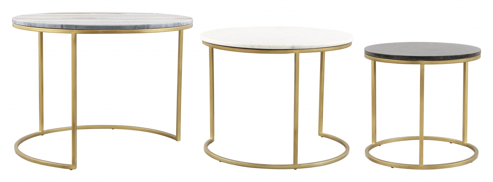 Set of Three 28" Light Gray And Gold Genuine Marble And Steel Round Nested Coffee Tables