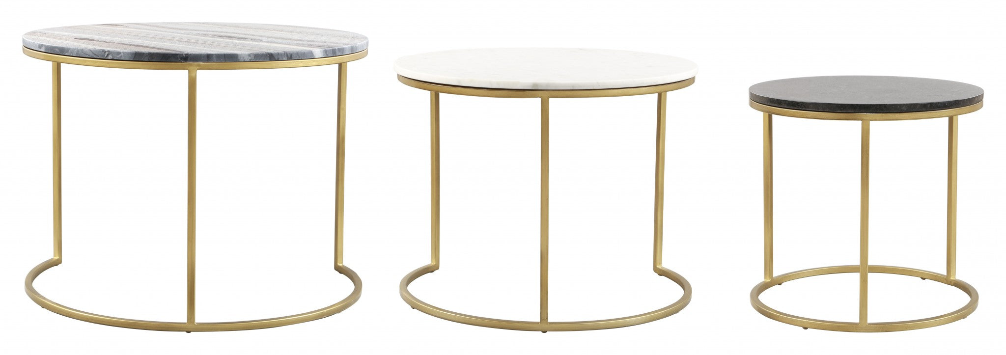 Set of Three 28" Light Gray And Gold Genuine Marble And Steel Round Nested Coffee Tables