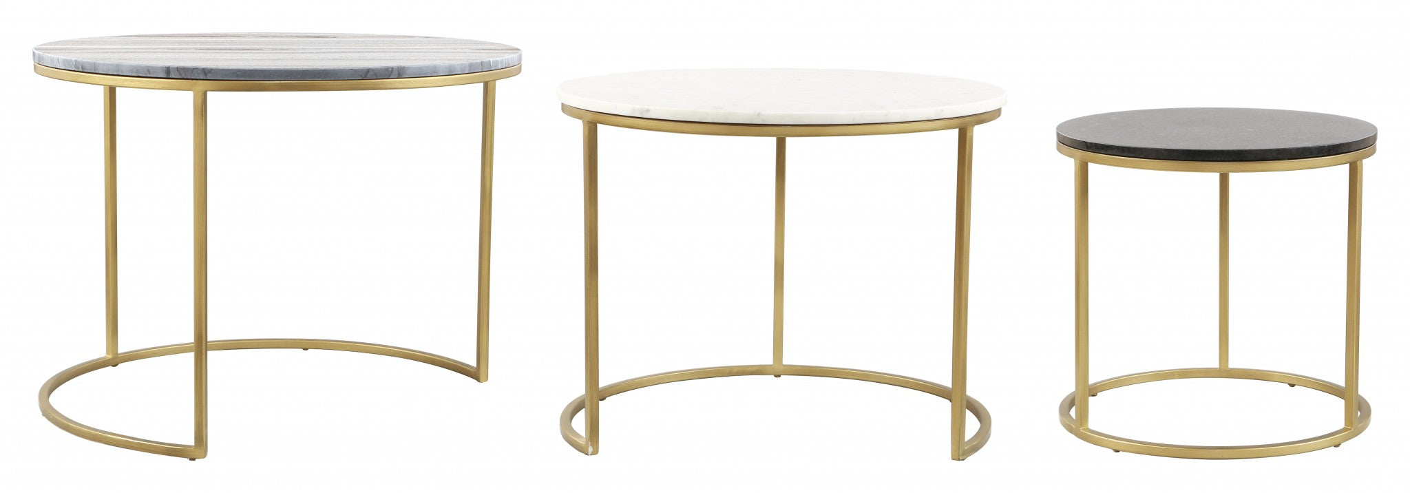 Set of Three 28" Light Gray And Gold Genuine Marble And Steel Round Nested Coffee Tables