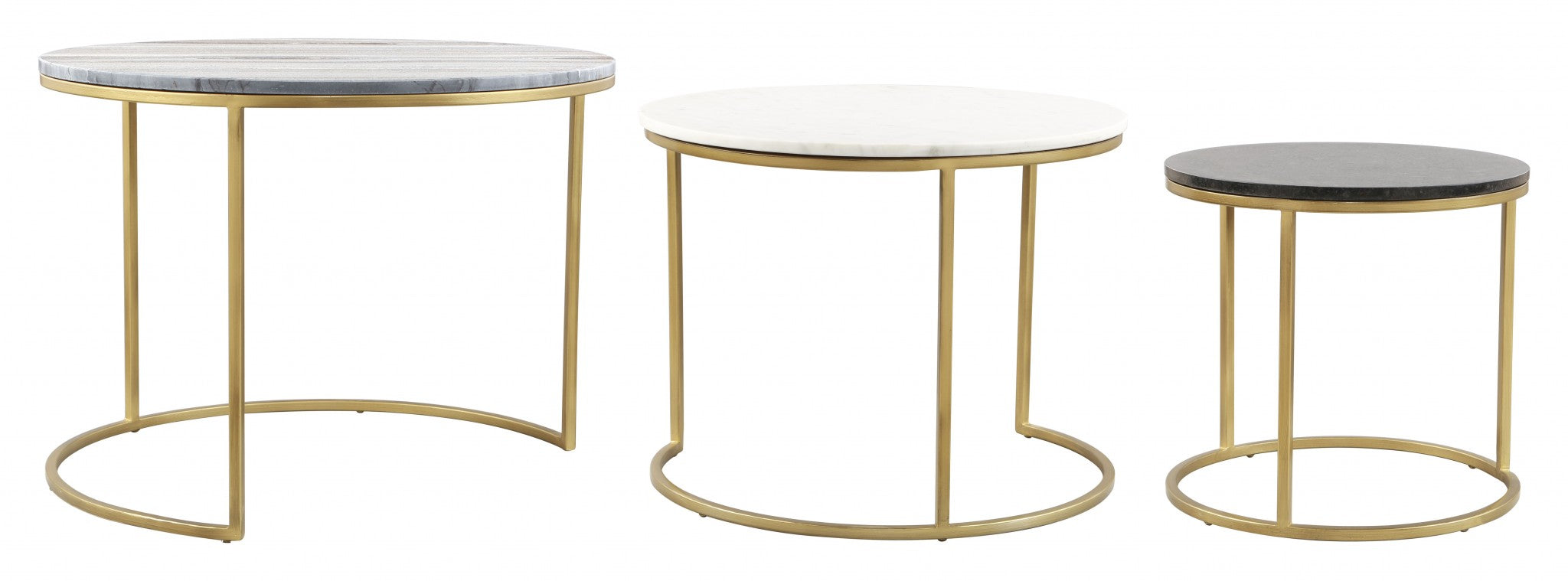 Set of Three 28" Light Gray And Gold Genuine Marble And Steel Round Nested Coffee Tables