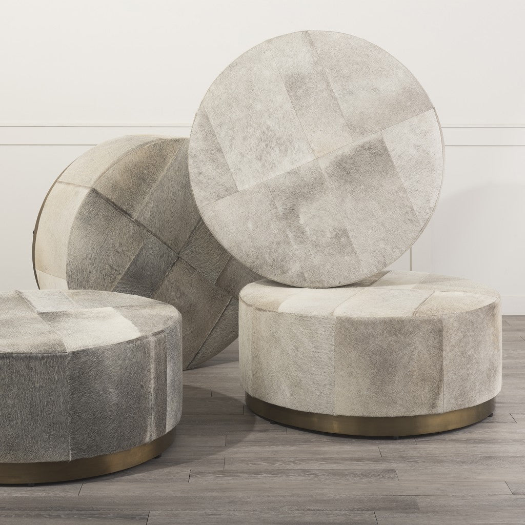 36" Gray Wool And Brown Footstool Ottoman