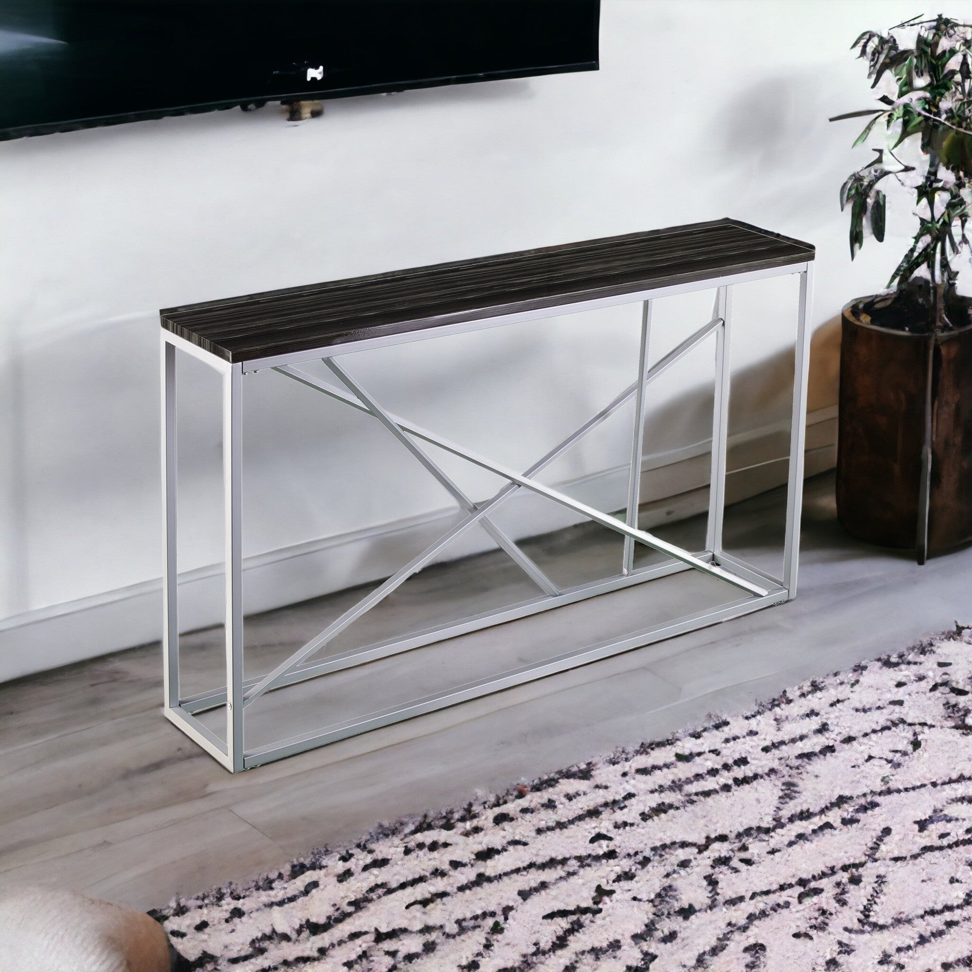 52" Black and Silver Faux Stone Frame Console Table