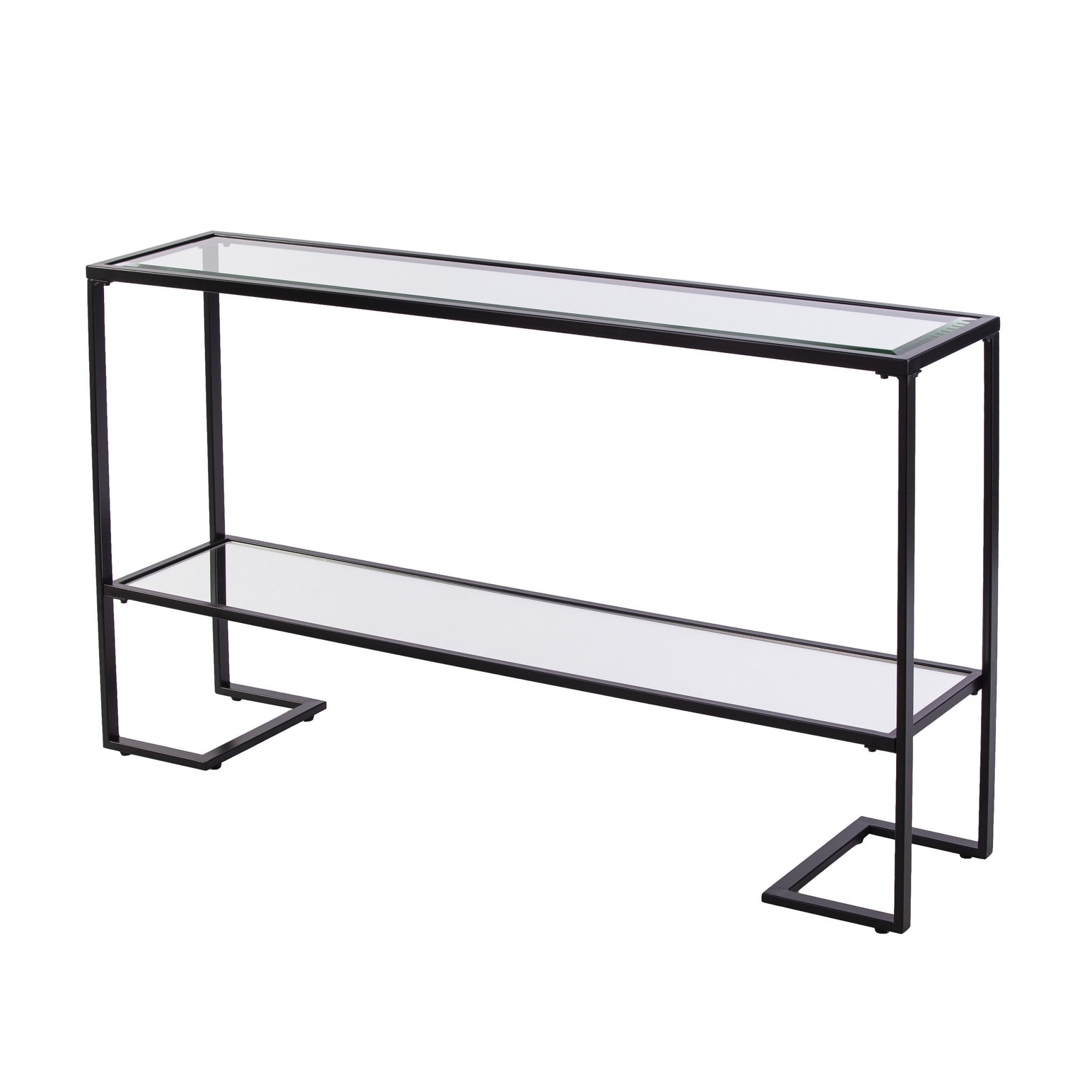 52" Clear and Black Glass Mirrored Frame Console Table With Storage