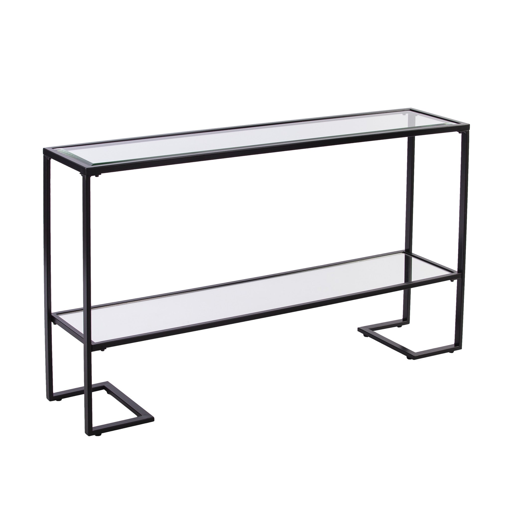 52" Clear and Black Glass Mirrored Frame Console Table With Storage