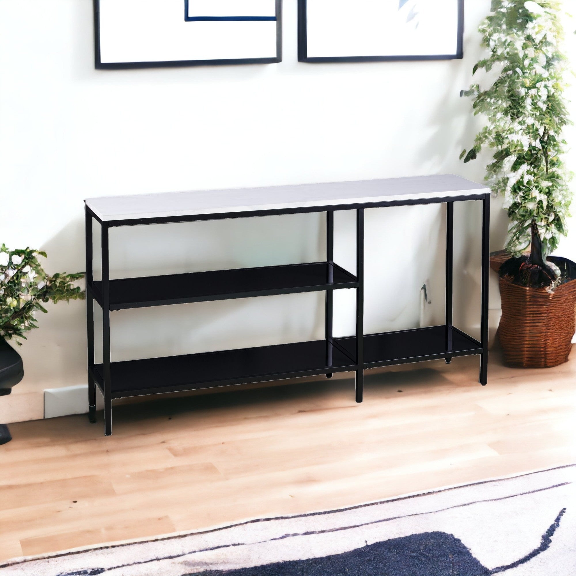 56" White and Black Faux Marble Floor Shelf Console Table With Storage